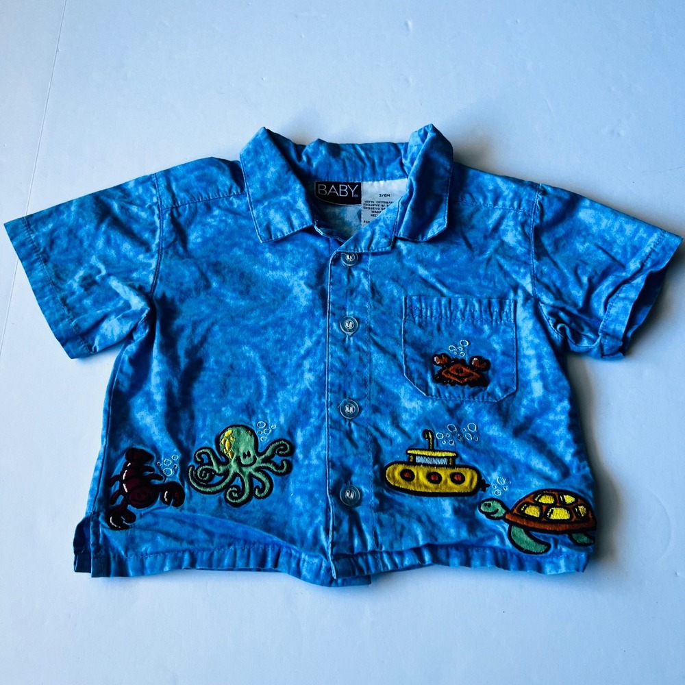 Vintage Baby Headquarters Ocean Button Down Shirt 3-6M Crab Octopus